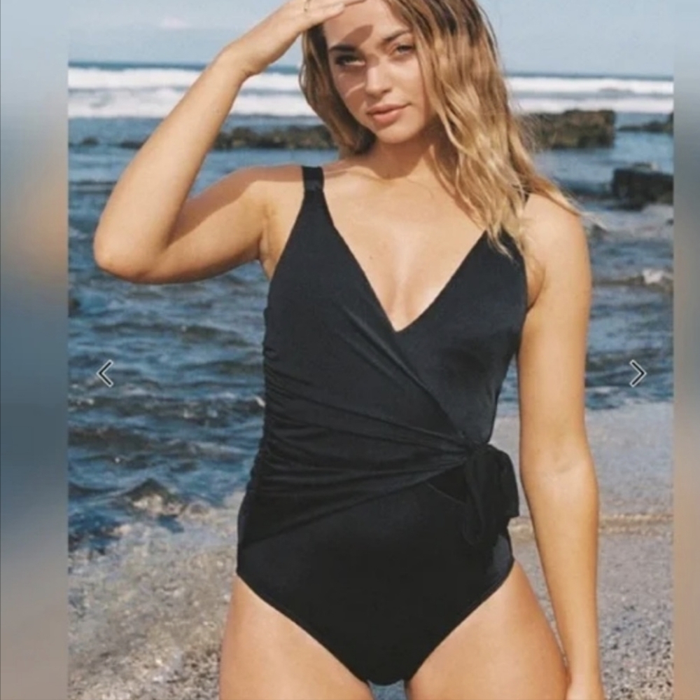 Black Ruched Wrap One Piece Swimsuit Retro Vintage Pin Up Style Slimming
